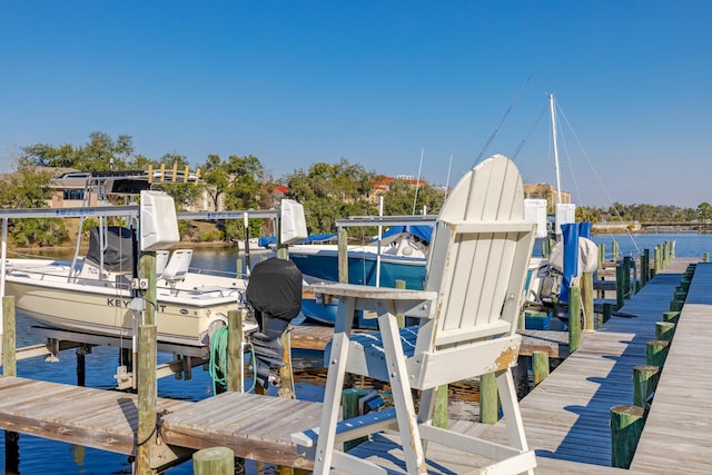 view of dock with a water view and boat lift