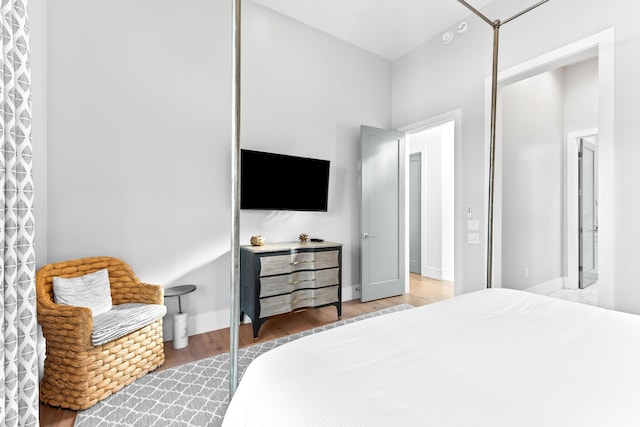 bedroom with wood-type flooring and a closet