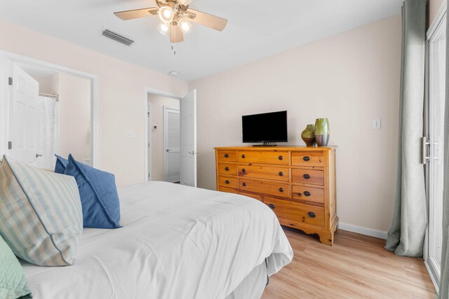 bedroom featuring ceiling fan and light wood-type flooring