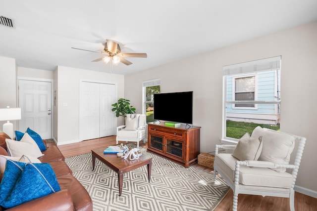 living room featuring ceiling fan and wood-type flooring