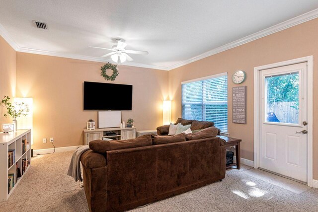 2240 Hadleigh Hills Ct, Navarre, FL 32566 - living room featuring light colored carpet, ceiling fan, ornamental molding, and baseboards
