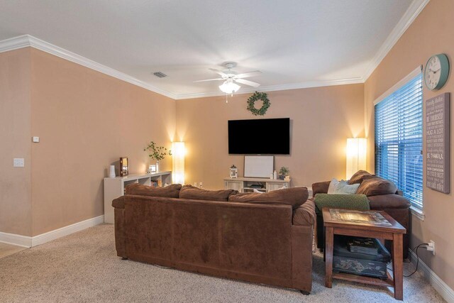 2240 Hadleigh Hills Ct, Navarre, FL 32566 - carpeted living room with ceiling fan, baseboards, and crown molding