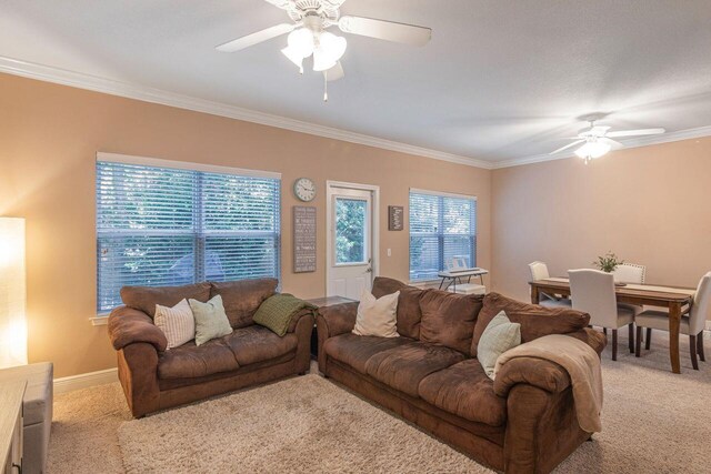 2240 Hadleigh Hills Ct, Navarre, FL 32566 - carpeted living area with a ceiling fan, ornamental molding, and baseboards