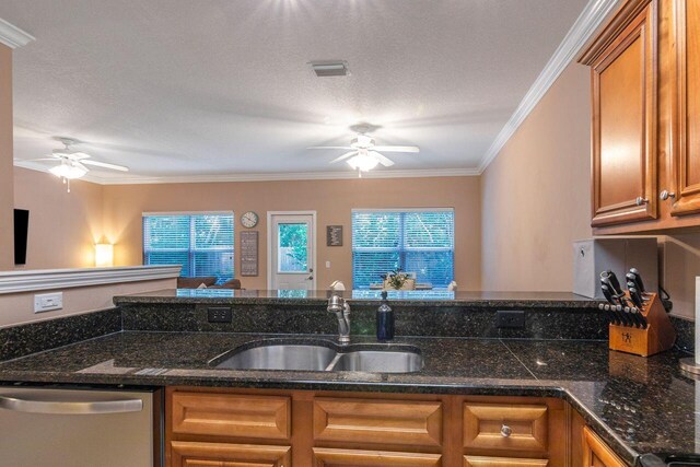 2240 Hadleigh Hills Ct, Navarre, FL 32566 - kitchen featuring a sink, dishwasher, ceiling fan, brown cabinets, and ornamental molding