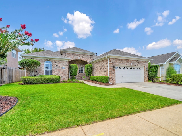 single story home featuring a garage and a front lawn