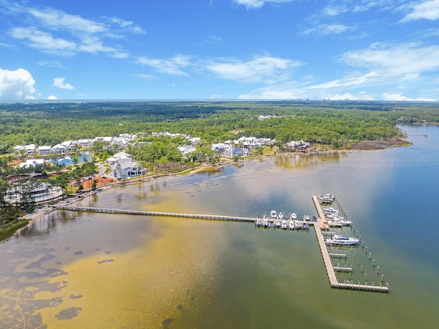 aerial view with a wooded view and a water view