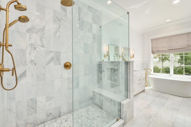 bathroom featuring vanity, tiled shower, a soaking tub, recessed lighting, and crown molding