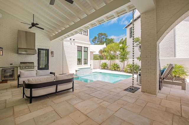 view of pool with a ceiling fan, a fenced backyard, grilling area, an outdoor hangout area, and a patio area