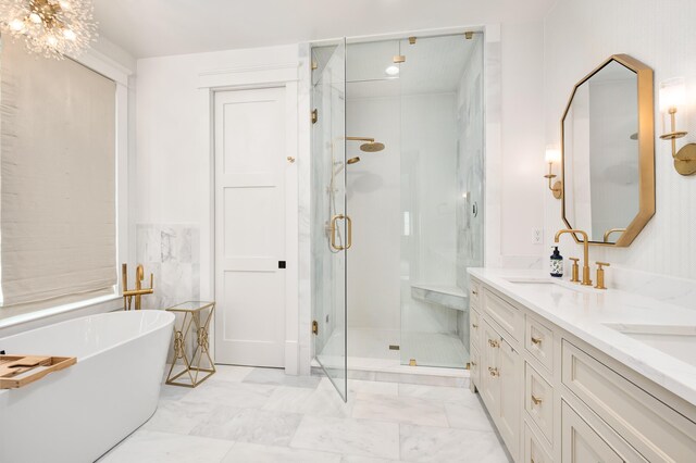 bathroom featuring tile patterned floors, plus walk in shower, and vanity