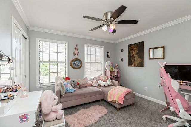 bedroom featuring ornamental molding, carpet, baseboards, and a ceiling fan