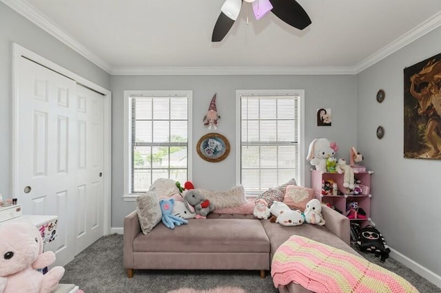 living room featuring carpet floors, ornamental molding, and a wealth of natural light