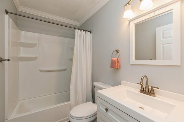 bathroom with toilet, shower / bath combination with curtain, crown molding, and vanity