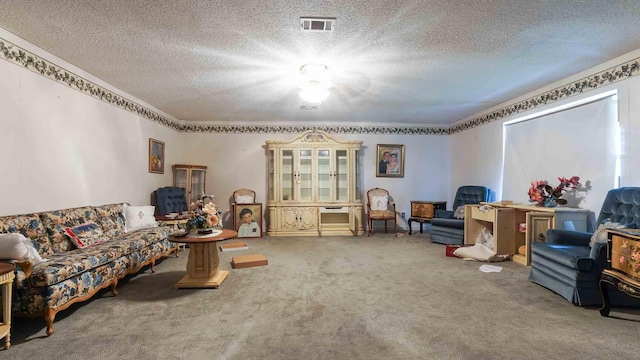 living room featuring carpet flooring, a textured ceiling, and crown molding