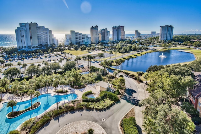 drone / aerial view with a water view