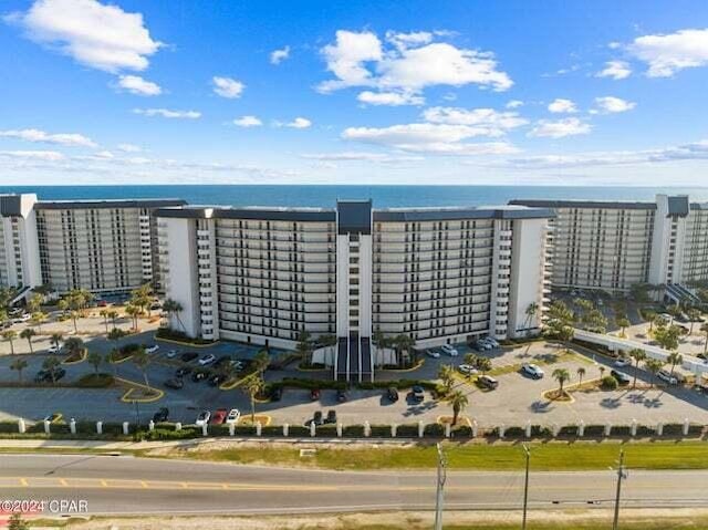 drone / aerial view with a water view