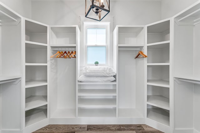 spacious closet with a chandelier and hardwood / wood-style floors