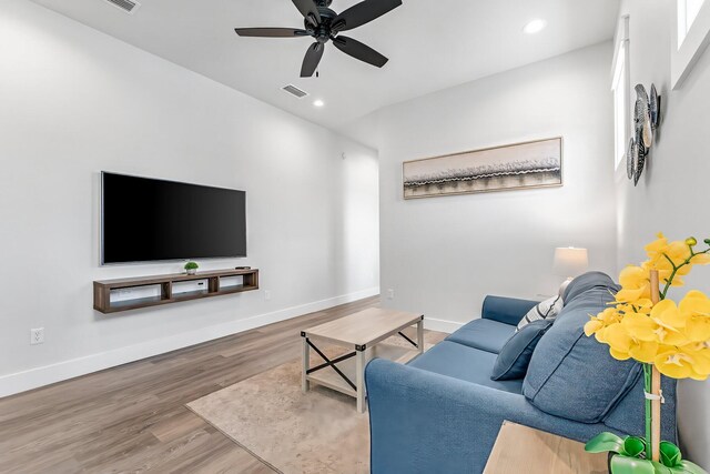 living room with ceiling fan and wood-type flooring