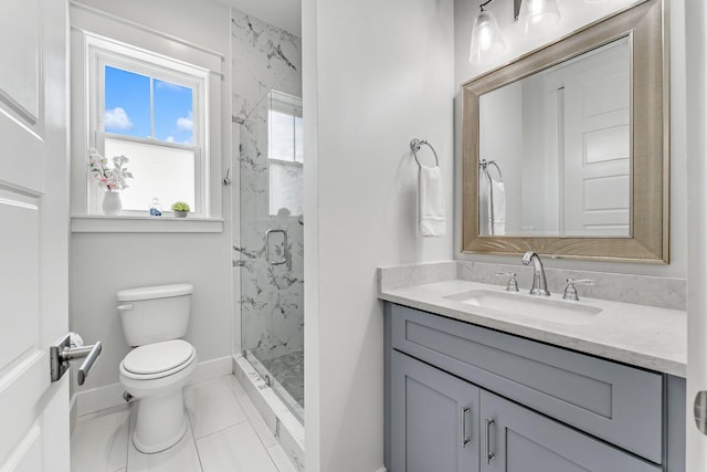 bathroom with a shower with door, tile patterned floors, vanity, and toilet