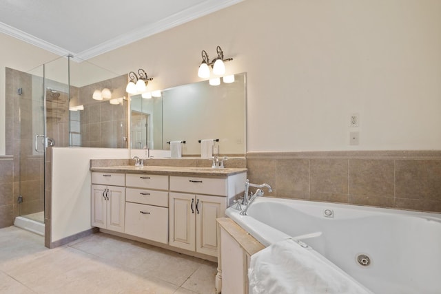 bathroom with crown molding, tile patterned floors, shower with separate bathtub, and vanity