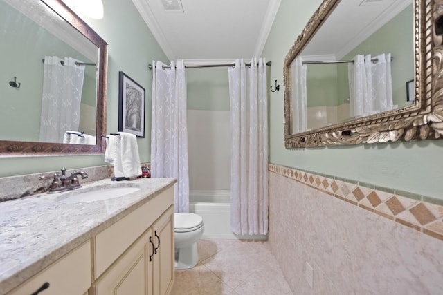 full bathroom with tile patterned floors, tile walls, ornamental molding, vanity, and shower / bath combination with curtain