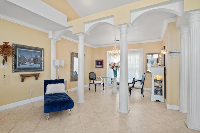 living area featuring ornamental molding, a chandelier, decorative columns, and light tile patterned floors