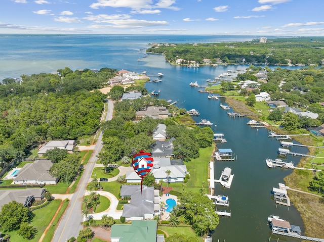 aerial view featuring a water view