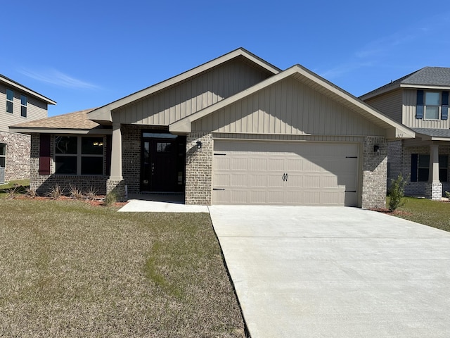 craftsman inspired home featuring a garage, brick siding, concrete driveway, roof with shingles, and a front yard