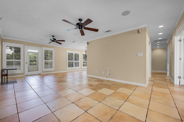 unfurnished living room with crown molding, light tile patterned floors, and ceiling fan