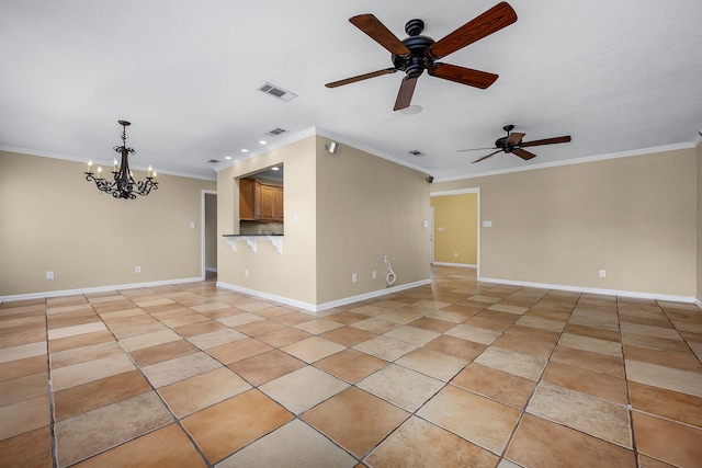 tiled empty room with ceiling fan with notable chandelier and crown molding