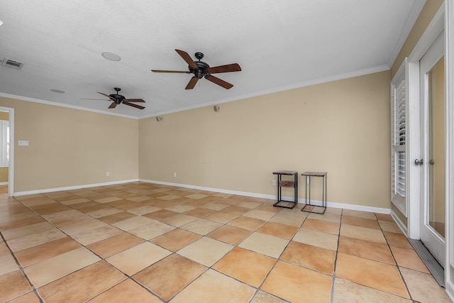 unfurnished room with a textured ceiling, ceiling fan, ornamental molding, and light tile patterned floors