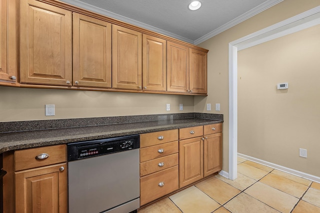 kitchen featuring dark stone counters, dishwasher, light tile patterned floors, and crown molding