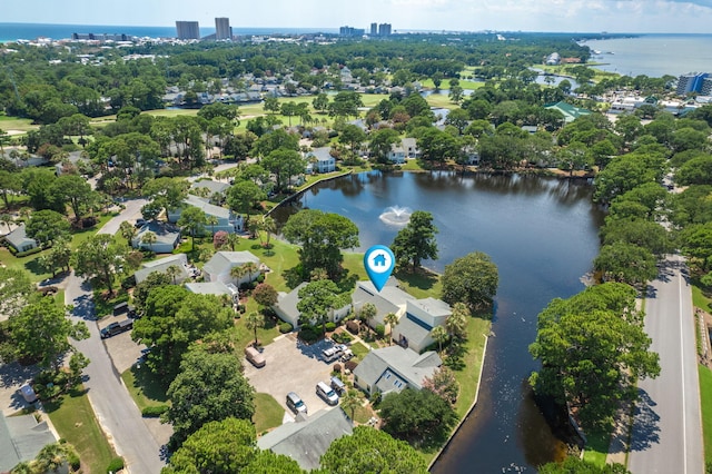 drone / aerial view with a water view