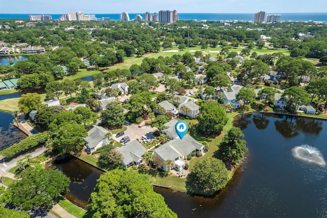 drone / aerial view featuring a water view