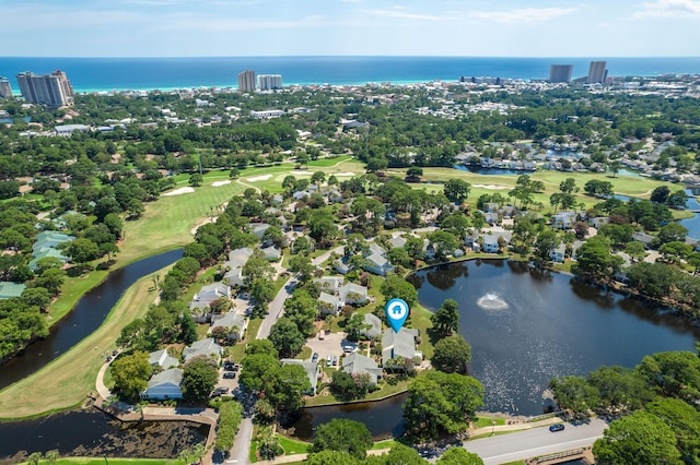 drone / aerial view featuring a water view