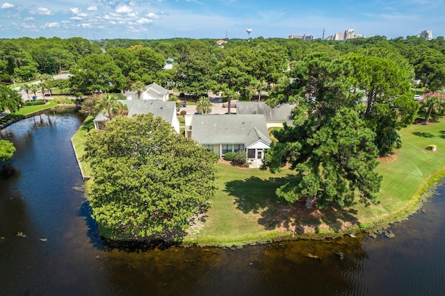 drone / aerial view featuring a water view