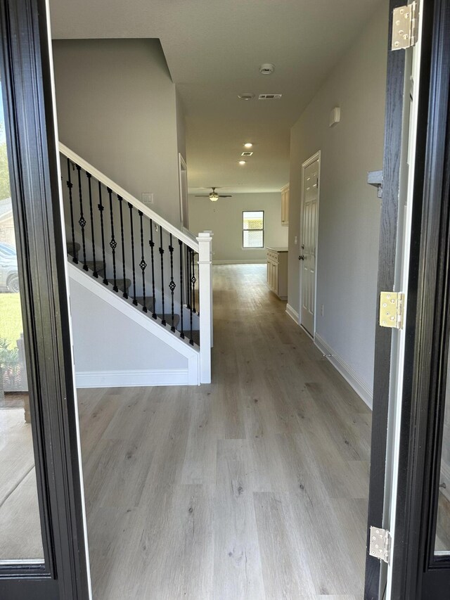 hallway with wood-type flooring and plenty of natural light