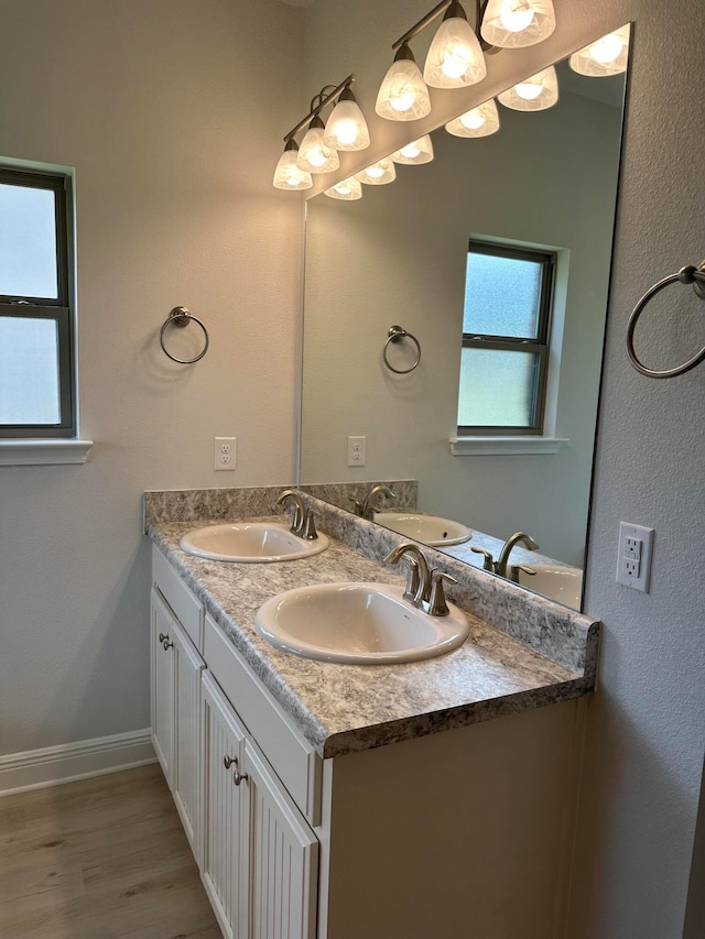 bathroom with dual vanity and hardwood / wood-style flooring