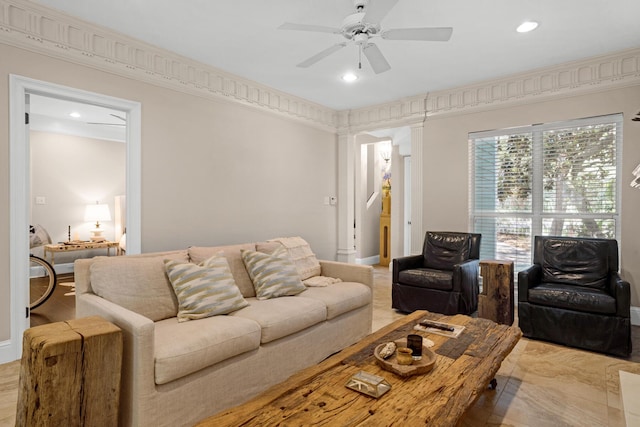 living room featuring a ceiling fan and recessed lighting