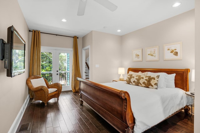 bedroom with visible vents, baseboards, dark wood finished floors, access to outside, and recessed lighting