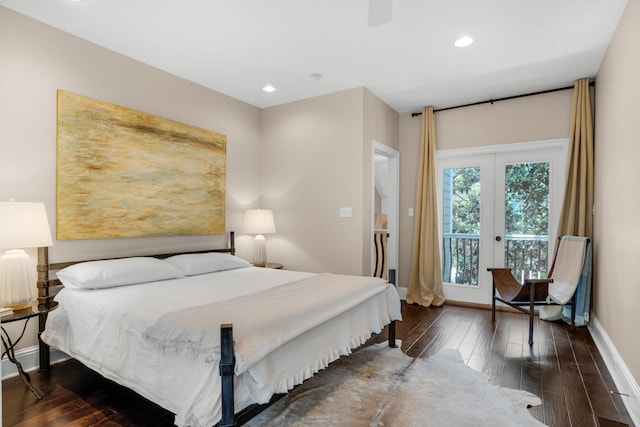 bedroom featuring dark wood-type flooring, french doors, ceiling fan, and access to outside