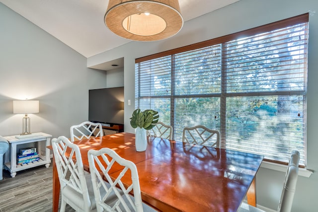 dining room with vaulted ceiling, plenty of natural light, and hardwood / wood-style floors