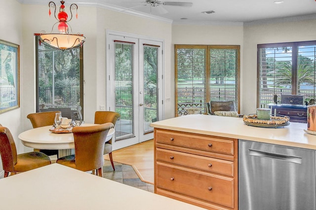 interior space with french doors, crown molding, light wood-type flooring, dishwasher, and ceiling fan