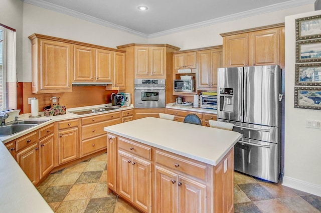 kitchen with crown molding, sink, a center island, appliances with stainless steel finishes, and light tile patterned floors