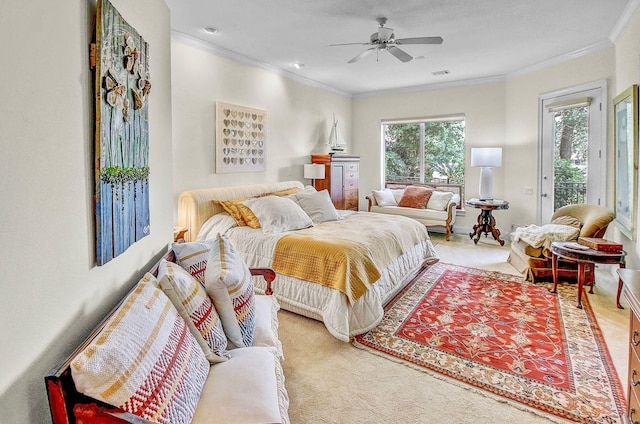 bedroom with ornamental molding, carpet flooring, ceiling fan, and access to exterior