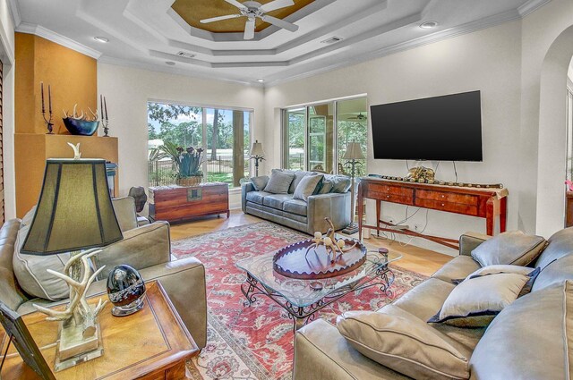 living room featuring ornamental molding, light hardwood / wood-style flooring, ceiling fan, and a raised ceiling