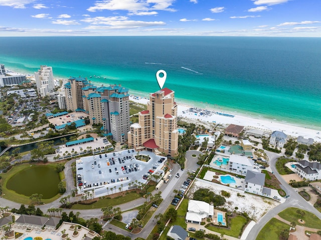 aerial view featuring a beach view and a water view