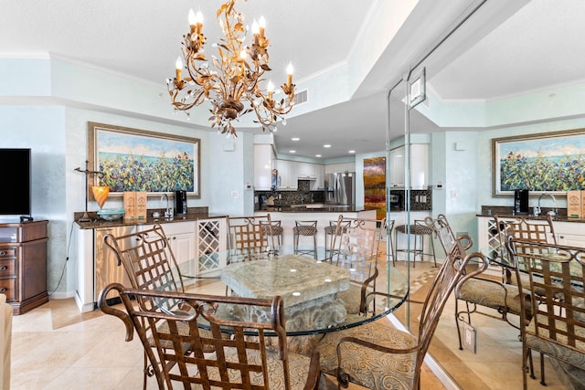 tiled dining room featuring crown molding