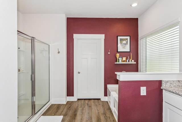 bathroom with wood-type flooring, plus walk in shower, and vanity