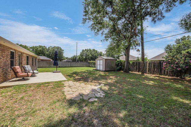 view of yard with a storage unit and a patio