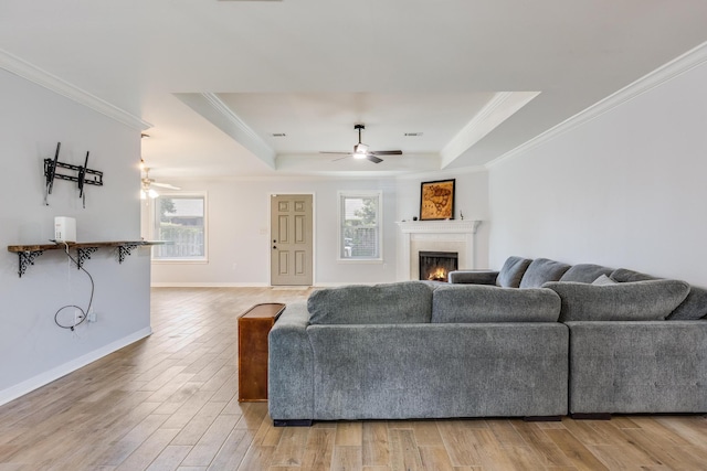 living room featuring ceiling fan, a tray ceiling, and ornamental molding